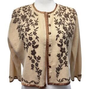 Cardigan Sweater Vintage 1950s Crewneck Cream Women Size S/M Floral Beadwork